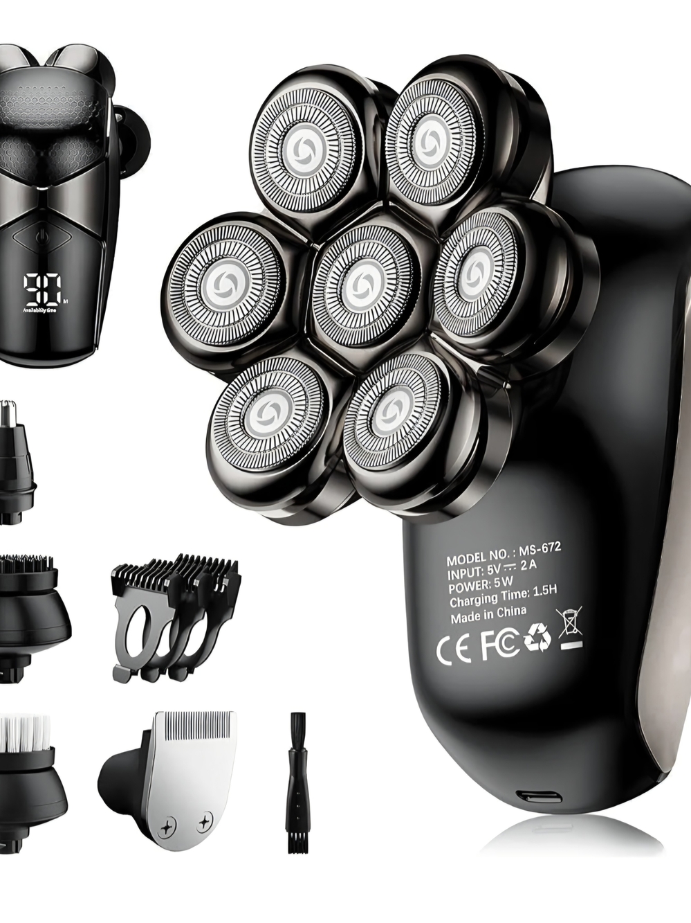 Amazon 7-Head Rotary Electric Shaver - Black & Silver